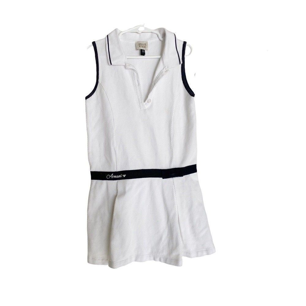 ARMANI JUNIOR Girls White Tennis Pleated Dress Size  8A Cotton Blue Trim